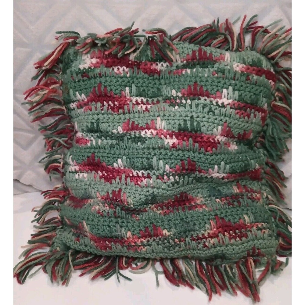 Vintage Crochet Pillow Case With Pillow Unique Pattern Beautiful Colors Green